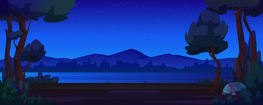 River bank, night forest and mountains, cartoon style background. Vector  dark sky, summer tourism adventures, outdoors environment. Evening or early  morning panorama, coast and hills, stone Stock Vector | Adobe Stock