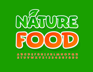 Vector sign Nature Food with Decorative Leaf. Sticker style Font. Creative Alphabet Letters and Numbers set