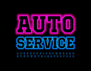 Vector colorful Emblem Auto Service. Bright Neon Font. Glowing Alphabet Letters and Numbers.