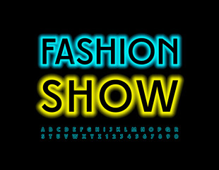 Fototapeta na wymiar Vector event poster Fashion Show. Trendy glowing Font. Set of Neon Alphabet Letters and Numbers