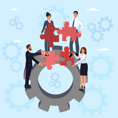 A team of businessmen solves a puzzle during the workflow.