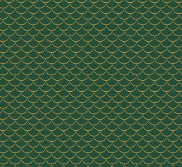 Dragon, fish scales abstract geometric seamless pattern, gold on green background. Eastern style vector illustration. Design concept for Dragon Boat Festival print, packaging, wrapping paper. Line art © Maria Skrigan