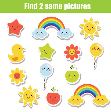 Children educational game. Find two same pictures of cute Objects