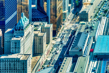 Aerial view of Union Station and Fairmont Royal York hotel in the downtown district of Toronto,...