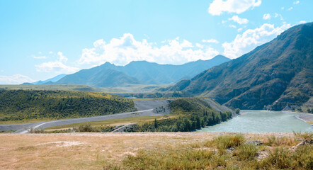 Landscape of Altai Mountains in the Valley of River.