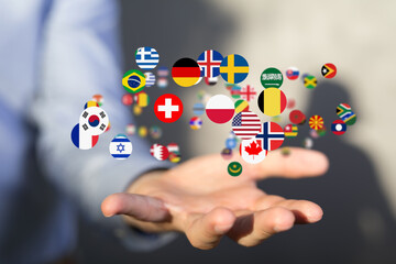 Global communication and international messaging concept, national flags of world