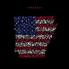 Arkansas US state flag map, chaotic particles pattern in the american flag colors. Vector illustration