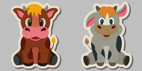 Stickers with the symbol of 2021 - Bull, cow or buffalo. stickers Vector illustration isolated on dark brown background. The mascot of the Chinese New Year 2021. Two little bull Cartoon characters.