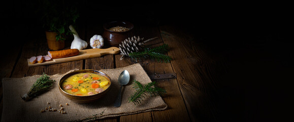 Classic pea soup with sausage and meat