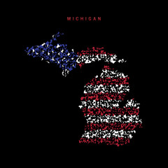 Michigan US state flag map, chaotic particles pattern in the american flag colors. Vector illustration