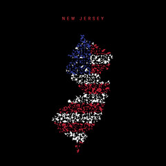 New Jersey US state flag map, chaotic particles pattern in the american flag colors. Vector illustration