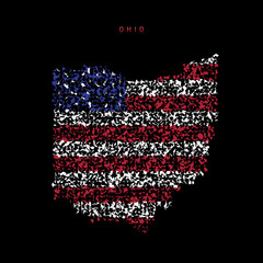 Ohio US state flag map, chaotic particles pattern in the american flag colors. Vector illustration