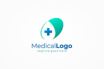 Medical Logo Healthcare Symbol. Blue and Green Capsule with Cross Sign and Negative Space Waterdrop Combination isolated on White Background. Flat Vector Logo Design Template Element.