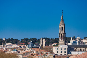 Aerial view of the Sainte-Perpétue and Sainte-Félicité Church in Nîmes, in the department of Gard and the Occitanie region. - obrazy, fototapety, plakaty