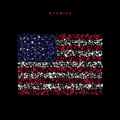 Wyoming US state flag map, chaotic particles pattern in the american flag colors. Vector illustration