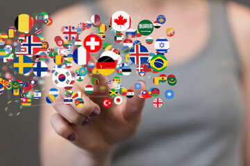 Global communication and international messaging concept, national flags of world
