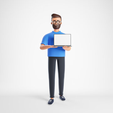 Handsome cartoon beard character man with laptop mockup  blank screen stand over white background.