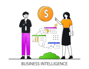 Business intelligence concept illustration. Two people thinking about money and find solution. Outline style concept.
