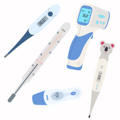 Set of different types of thermometers for measuring temperature. Color vector illustration. Flat.