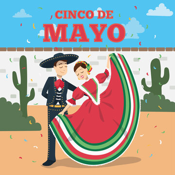 Couple Of Traditional Mexican Dancers. Cinco De Mayo Poster - Vector