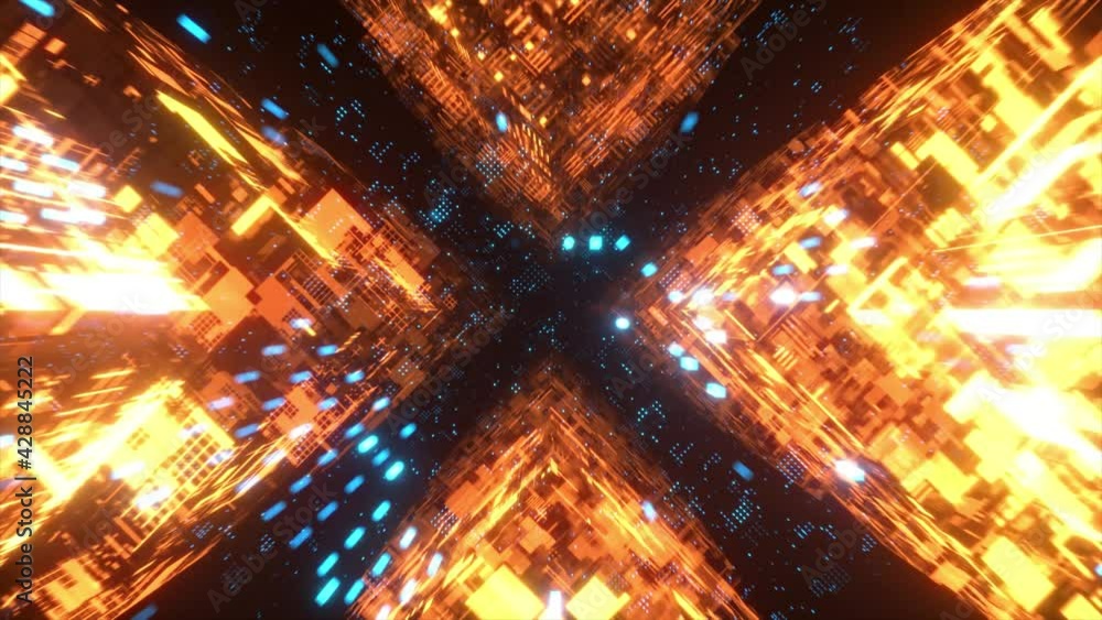 Poster flying in technological cyber space. sci-fi spaceship tunnel. futuristic technology abstract seamles