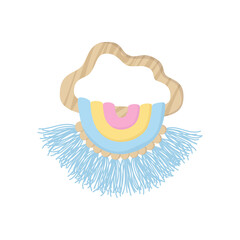 Wooden children teether isolated on white background. Eco friendly, zero waste toy for baby. Rattle with Hanging threads and beads. Flat Vector illustration in hand drawn style.