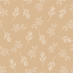 Minimal botanical art seamless pattern. Leaves silhouette and line art on pastel beige background. Hand drawn line illustration in pastel colors