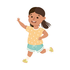 Happy Lovely Girl Running, Preschool Kid Having Fun on Isolated White Background Vector Illustration