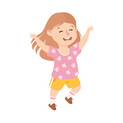 Happy Smiling Girl Running with his Arms Raised, Cheerful Preschool Kid Having Fun on Isolated White Background Vector Illustration
