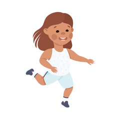 Adorable Girl Running, Happy Preschool Kid Having Fun Wearing Casual Clothes on Isolated White Background Vector Illustration