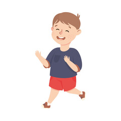 Happy Boy Running Wearing Red Shorts and Blue T-shirt, Preschool Kid Having Fun on Isolated White Background Vector Illustration