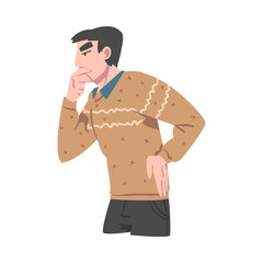 Fototapeta premium Thoughtful Young Man, Guy with Pensive Face Expression Making Decision, Human Emotions and Feelings Concept Cartoon Vector Illustratio