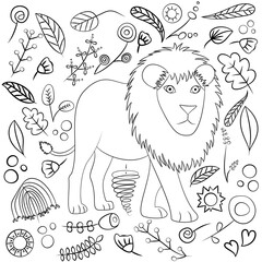 doodle vector drawing African animals lion and flowers