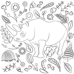 doodle vector drawing African animals rhino and flowers