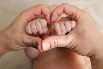 small children's plump hands in dad's hands, a heart and tenderness - this is our happy life