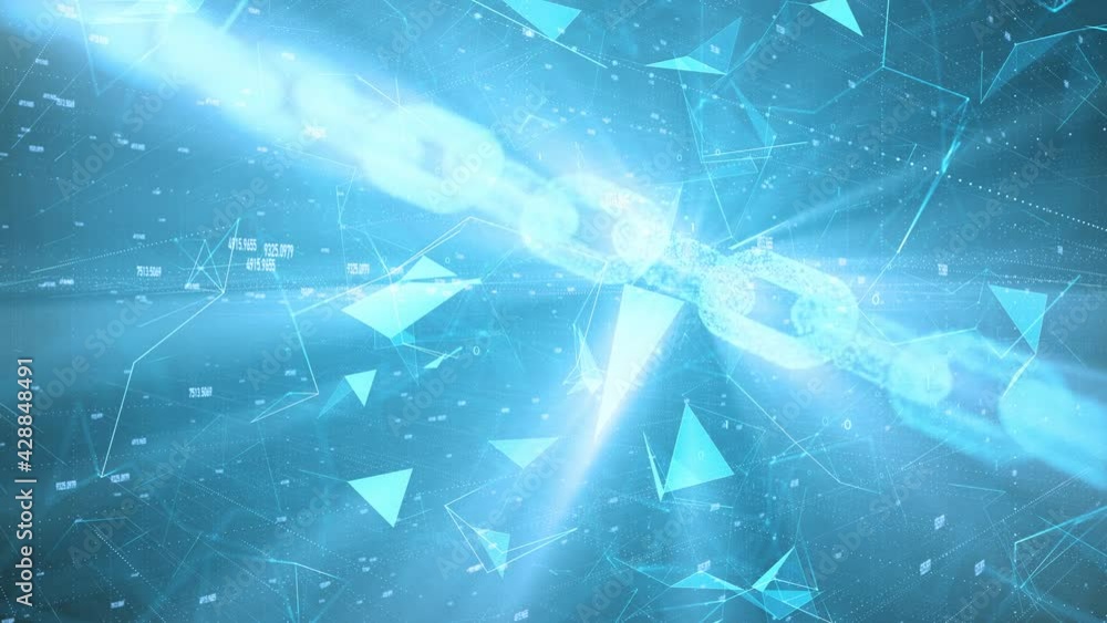 Poster futuristic rotation of a 3d shining chain on cryptocurrency cyberspace network background.