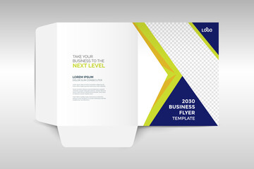 Business presentation folder for files, design. The layout is for posting information about the company, photo, text.