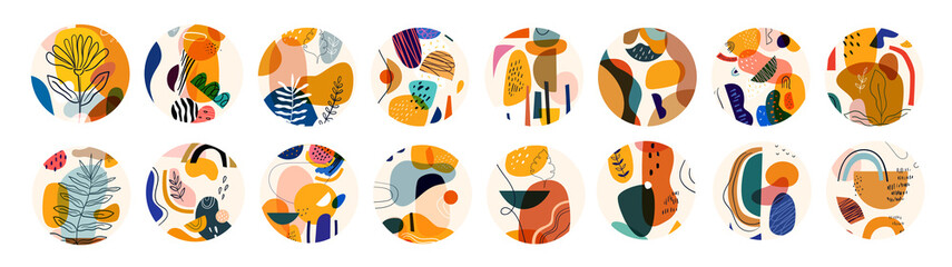 Decorative abstract collection of templates with abstract shapes and colourful doodles. Hand-drawn modern set
