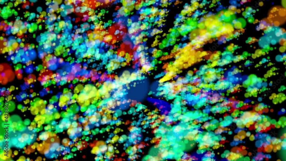 Poster abstract kaleidoscope of multicolored rotating balls in neon rays. beautiful background of a celebra