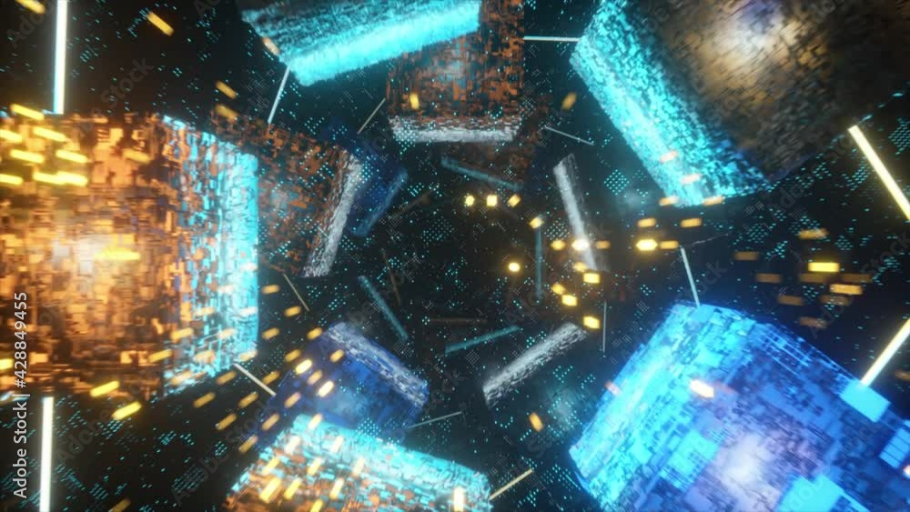 Poster flying in technological cyber space. sci-fi spaceship tunnel. futuristic technology abstract seamles