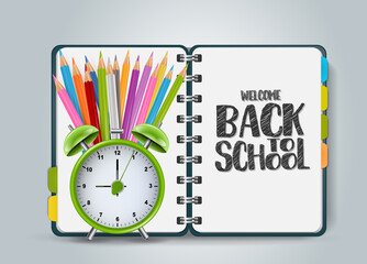 Welcome back to school design with an open ring notebook with dividers and realistic education supplies - alarm clock, coloring pencils, crayons. Vector illustration.