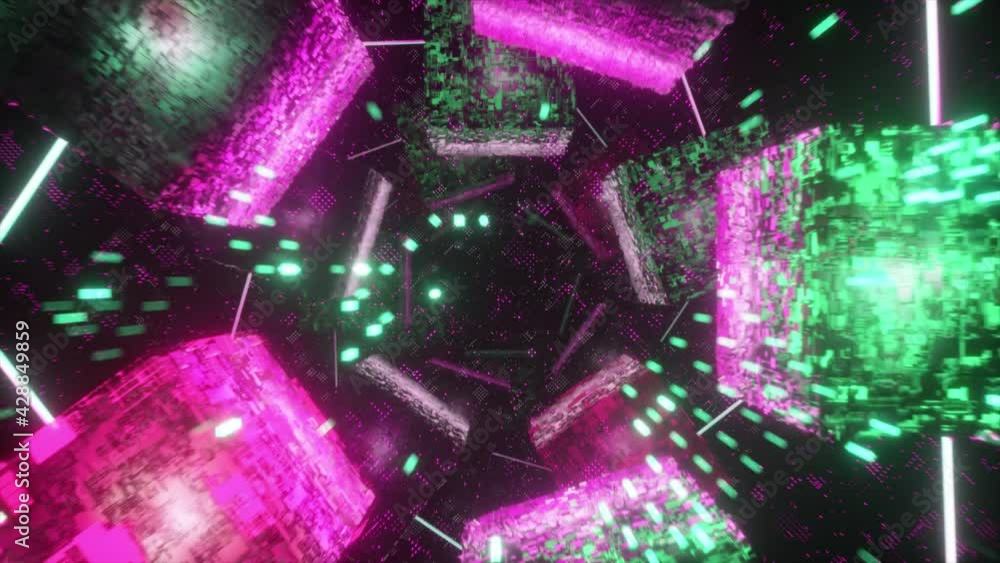 Poster flying in technological cyber space. sci-fi spaceship tunnel. futuristic technology abstract seamles