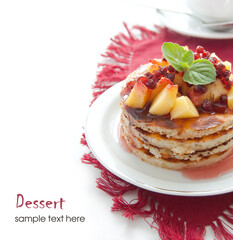 Cheese casserole with peach slices and currant jam. Sweet dessert
