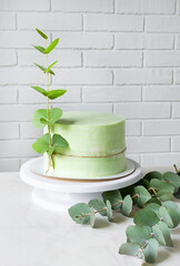 extraordinary festive green cake decorated with a sprig of eucalyptus