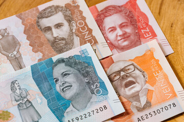 Colombian banknotes of 2, 5, 10 and 20 thousand pesos