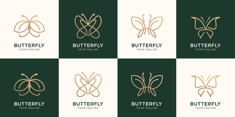 Set butterfly minimalist logo inspiration.line art style logo design. beauty, luxury spa ,nature,gold. Premium Vector © ulhaq_std