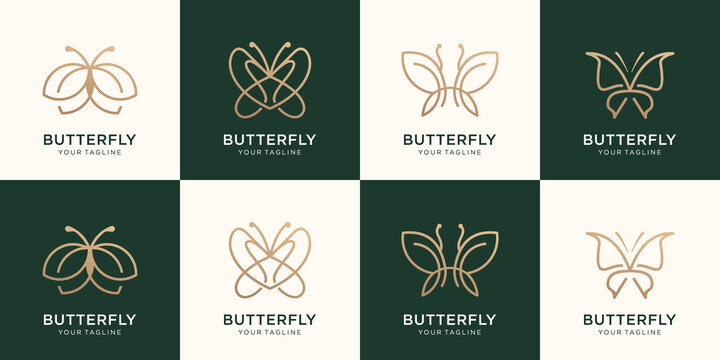 Set butterfly minimalist logo inspiration.line art style logo design. beauty, luxury spa ,nature,gold. Premium Vector