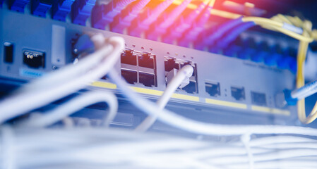 Business Network panel with switch and cable rj45 in data center blue background. Concept connector...