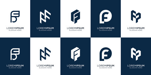 set of abstract initial p combination initial f black and white  logodesign template. premium vector
