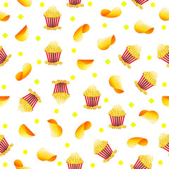 Seamless Pattern Abstract Elements Crisps And Popcorn Fast Food Vector Design Style Background Illustration